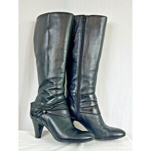 VINTAGE 90s Naturalizer Brightly Leather Knee Boots Bow Zip BLACK - Women's Sz 6